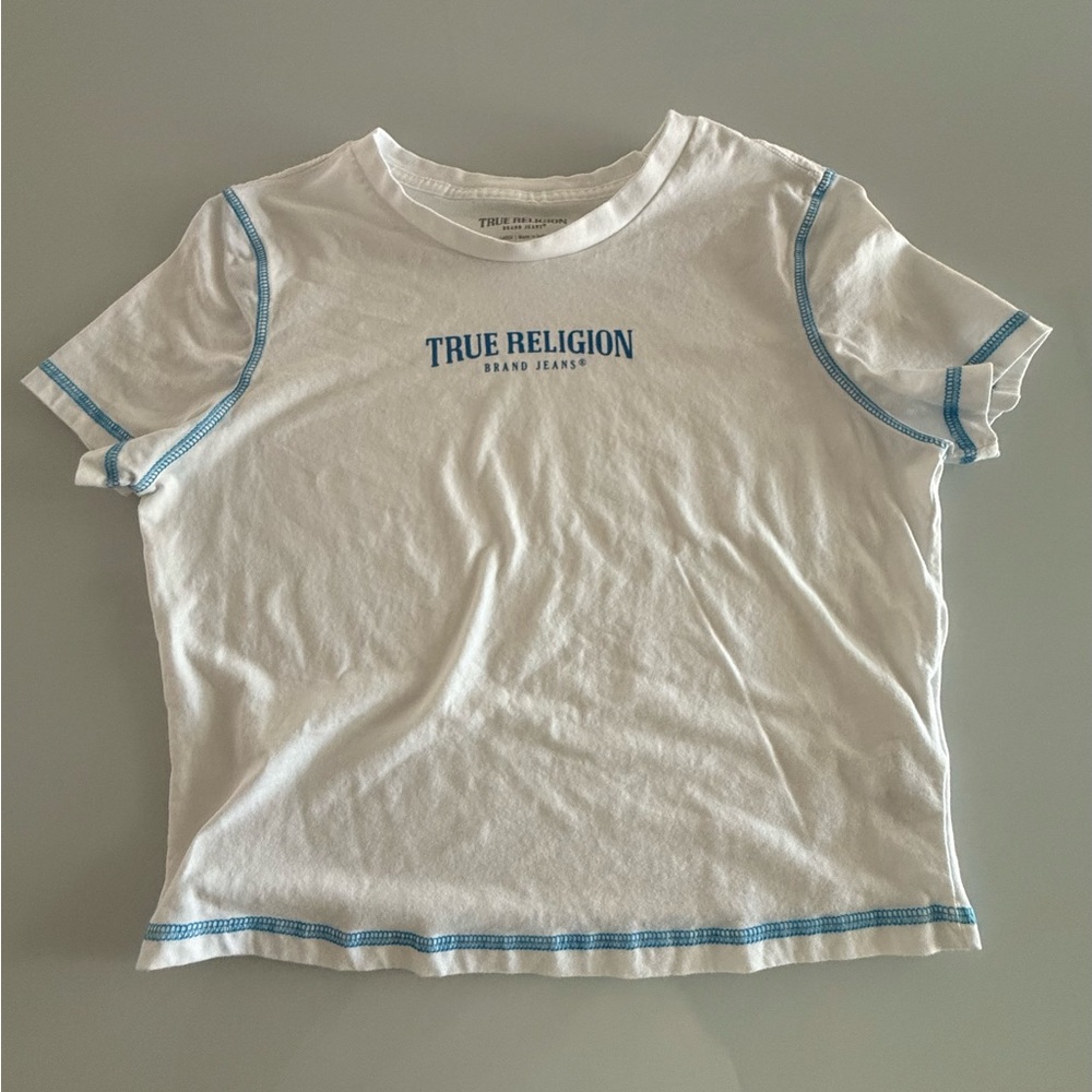True Religion Baby Tee Optic White Contrast Blue Stitch Size L Cotton - NWOT